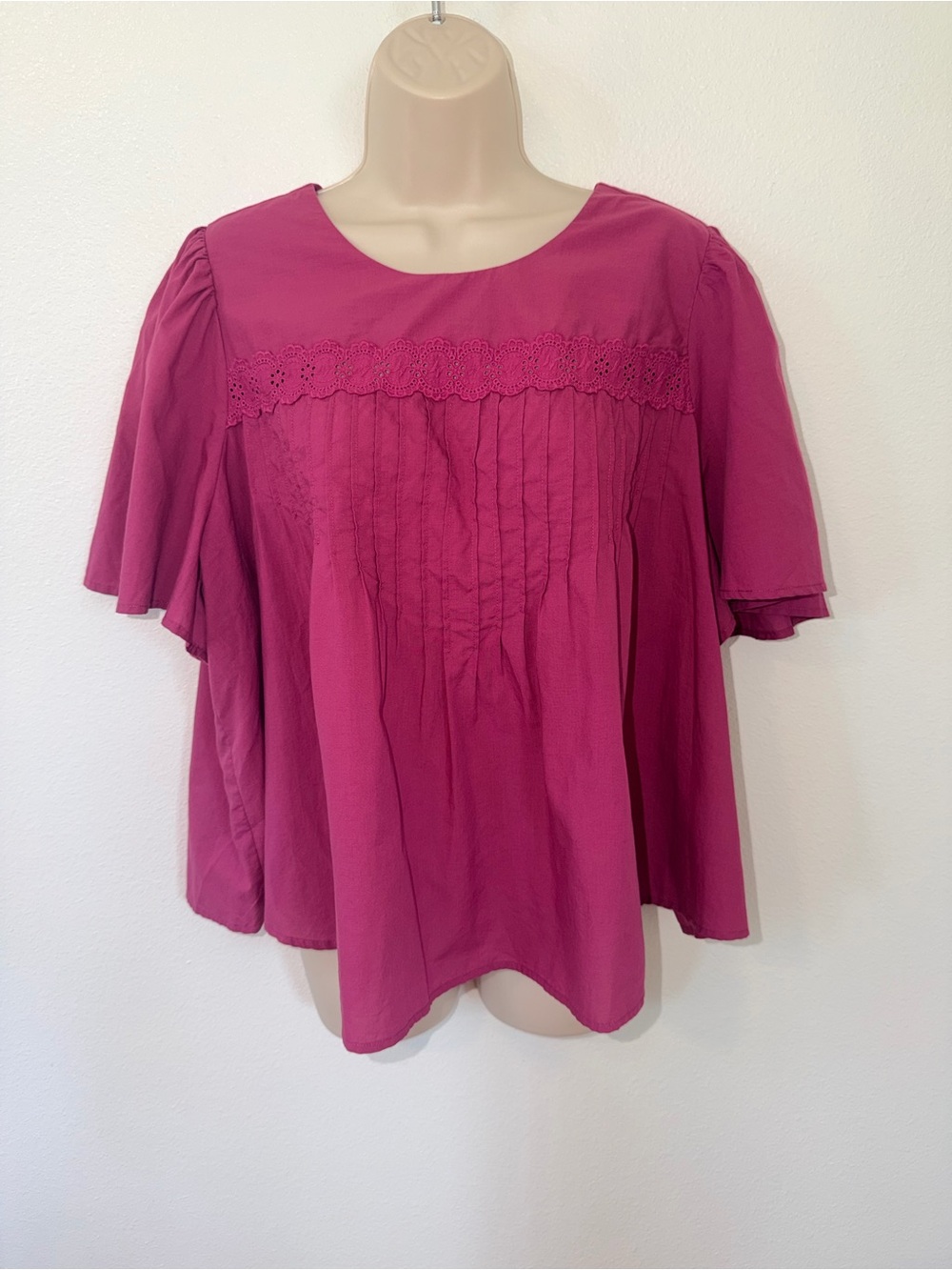 Universal Thread Raspberry Flutter Sleeve Lace Yoke Blouse Cottagecore